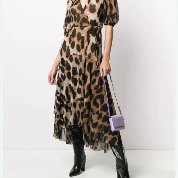 Ganni | Dresses | Ganni Leopard Maxi Dress Mesh Wrap Size S | Poshmark